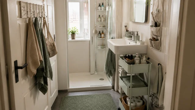 Kleines Badezimmer mit mietfreundlichen Stauraumlösungen ohne Bohren