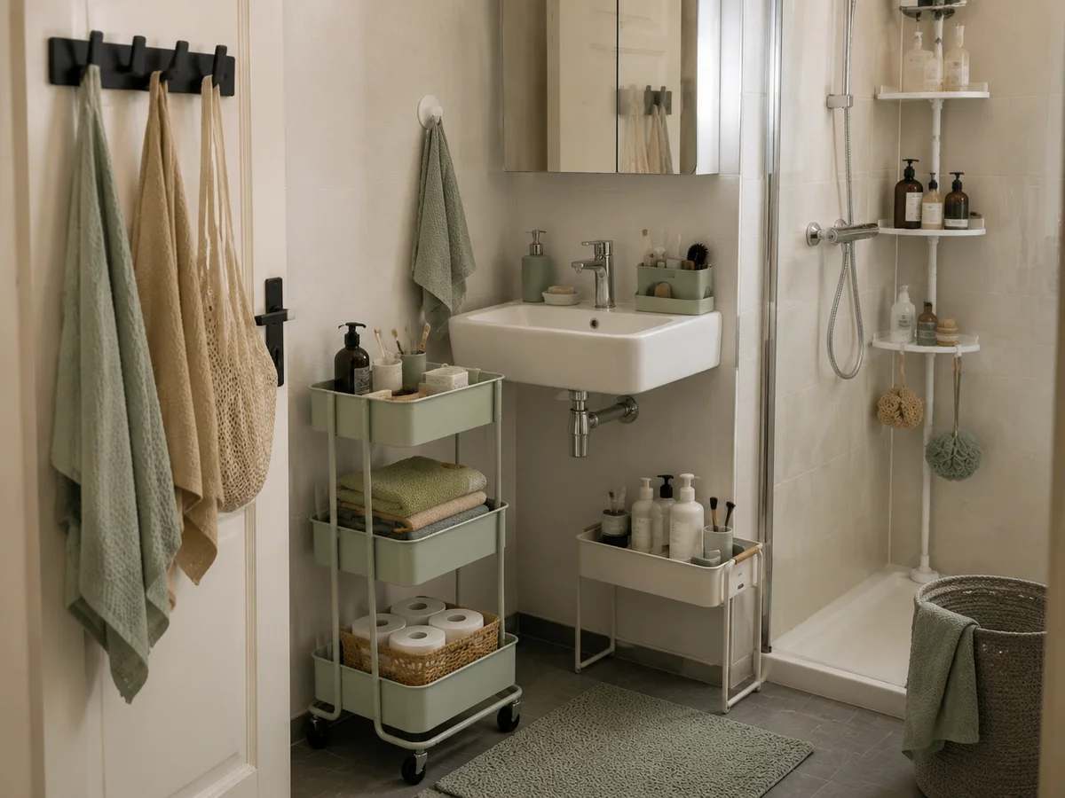 Teleskop-Duschregal und Klebehaken an Fliesenwand im Badezimmer