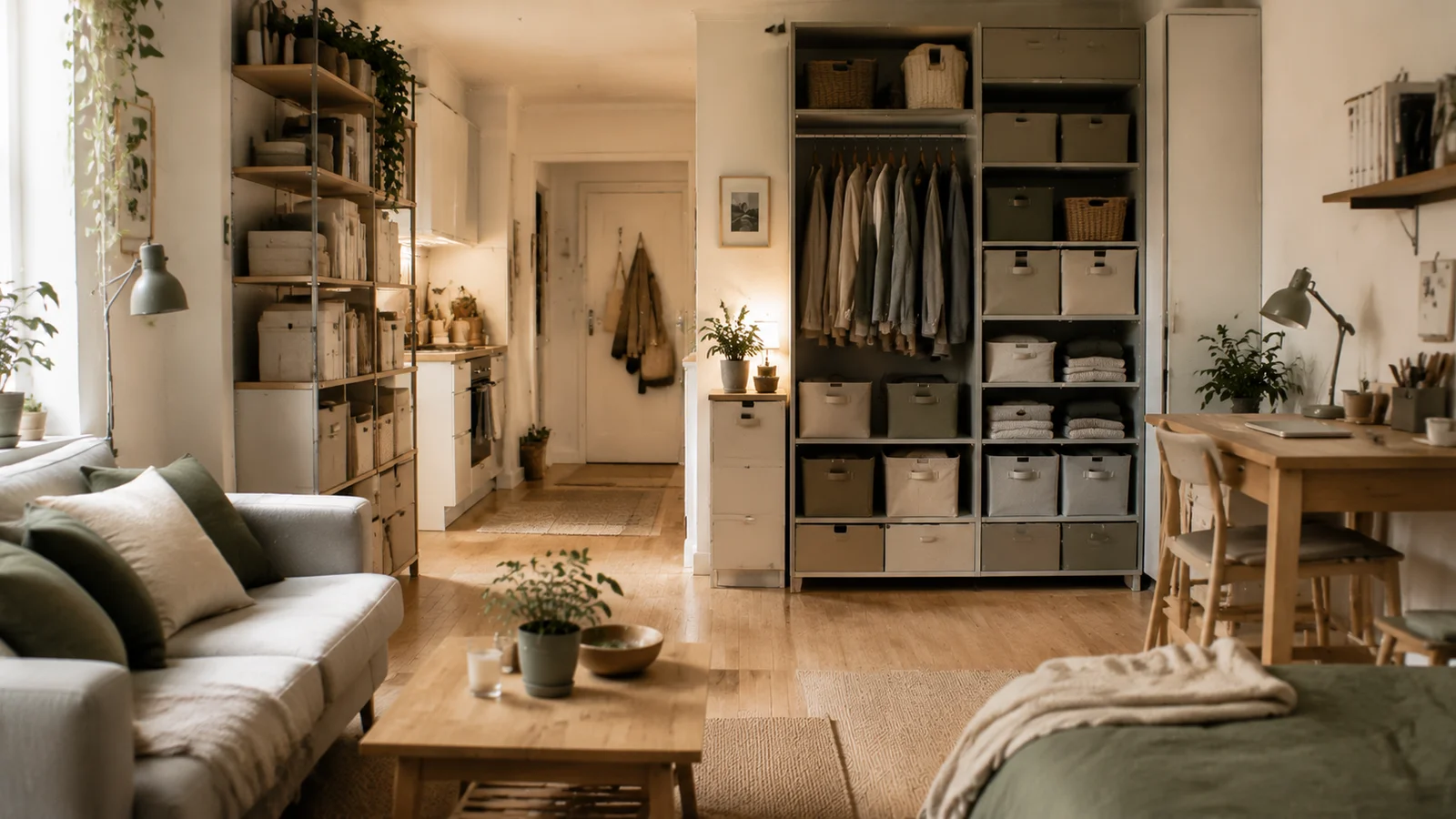 Kleine Wohnung mit getrennten Bereichen zum Wohnen Arbeiten und Aufbewahren