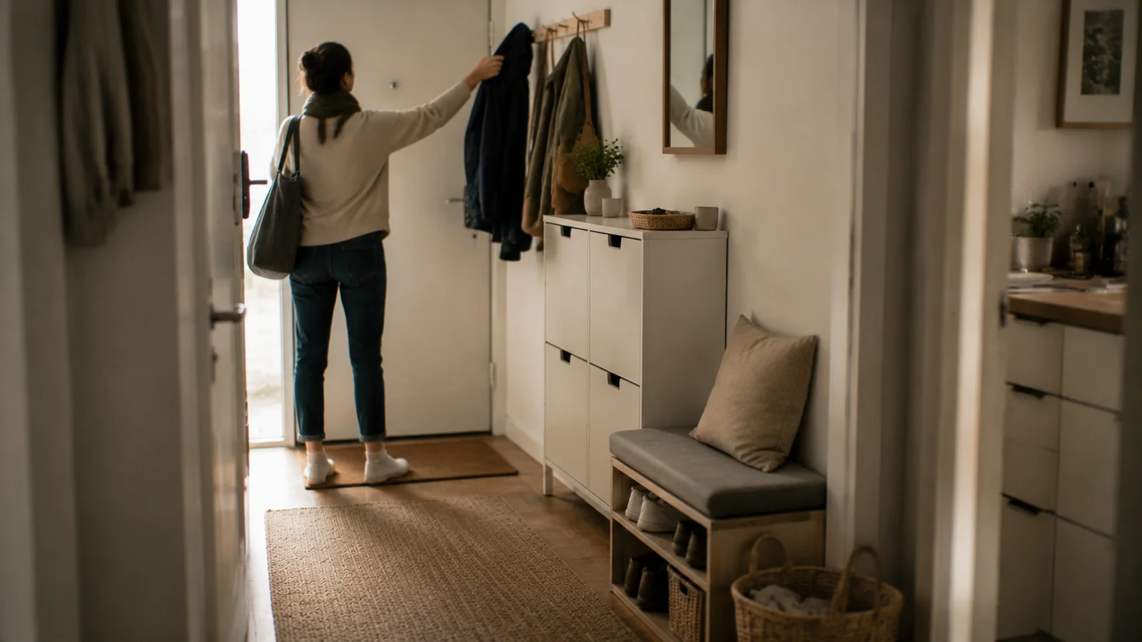 Kleiner Wohnungseingang mit organisiertem Stauraum