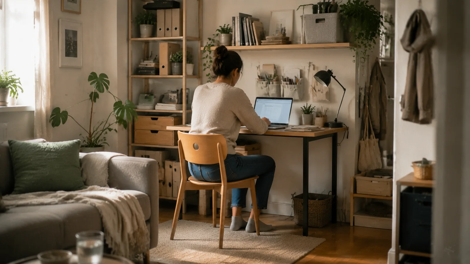 Kleiner Homeoffice-Arbeitsplatz in einer europäischen Mietwohnung mit organisierter Ablage