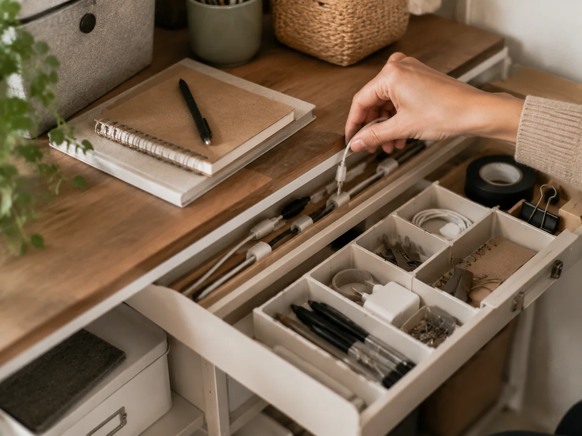 Detailaufnahme eines funktionalen Arbeitsplatzes mit Ordnern und Zubehör
