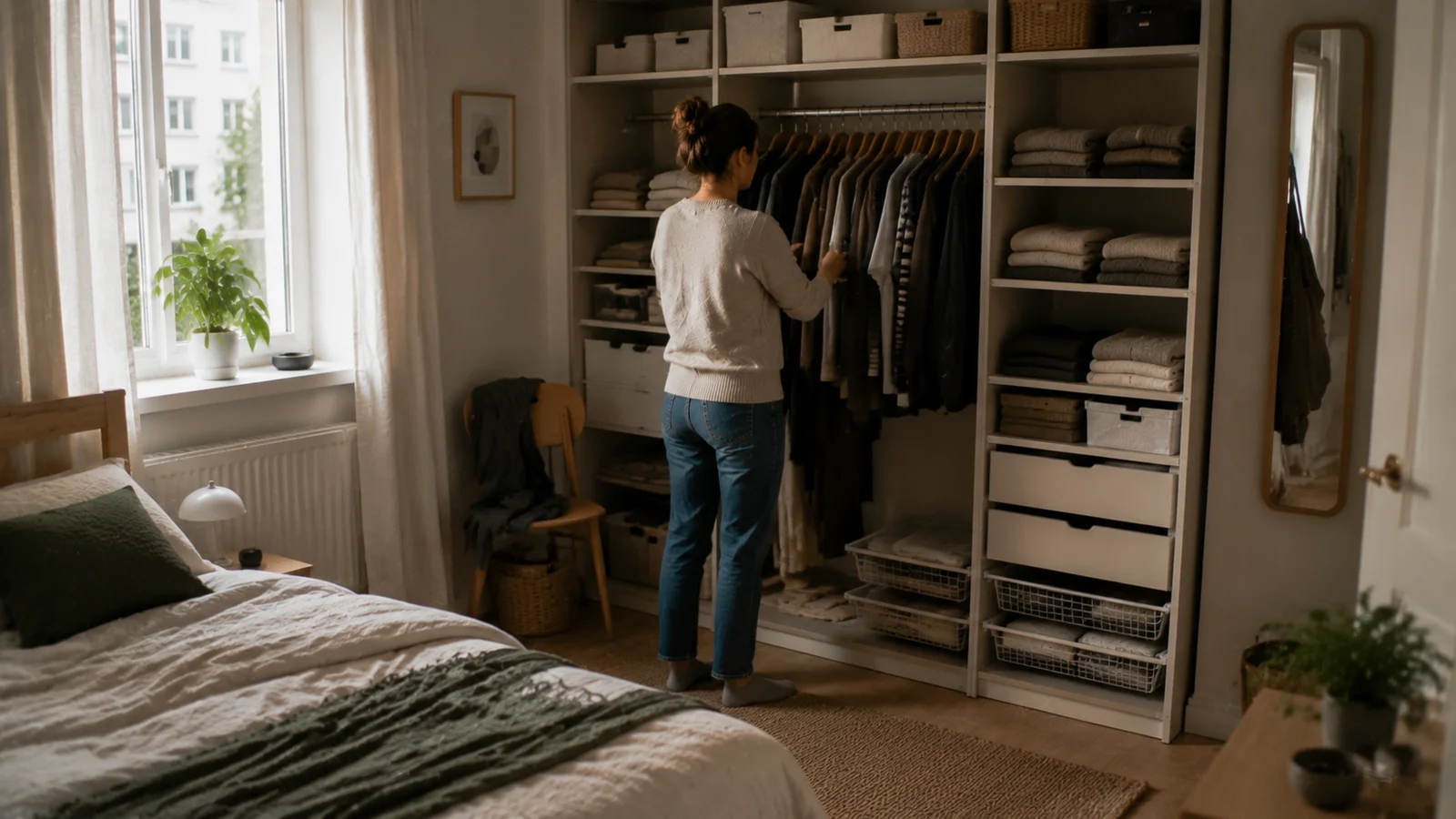 Kompakter Kleiderschrank in einer kleinen Wohnung mit organisiertem Stauraum