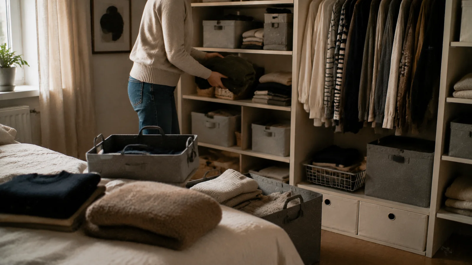 Person organisiert Kleidung in einem kleinen Schlafzimmer