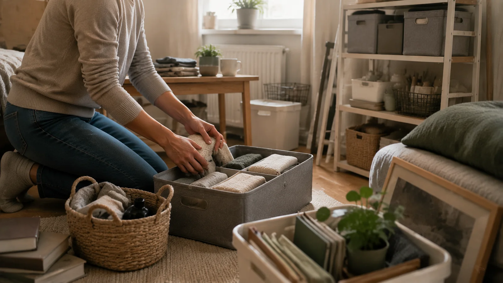Mieter packt modulare Aufbewahrungssysteme für den Umzug in eine neue Wohnung
