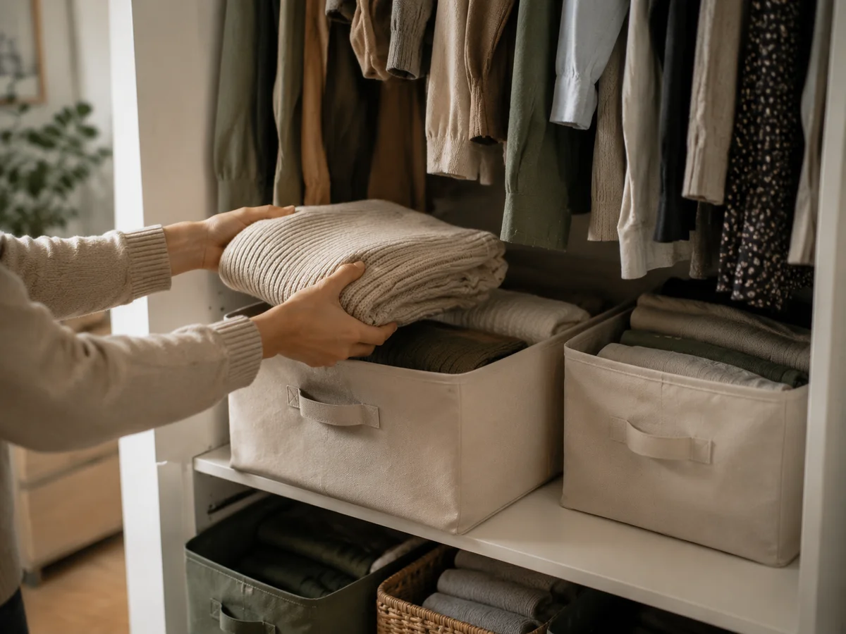 Detailaufnahme eines organisierten Kleiderschranks mit saisonaler Kleidung und Aufbewahrungsboxen