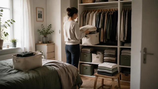 Saisonale Kleidung und Stauraumorganisation in einer kleinen Wohnung