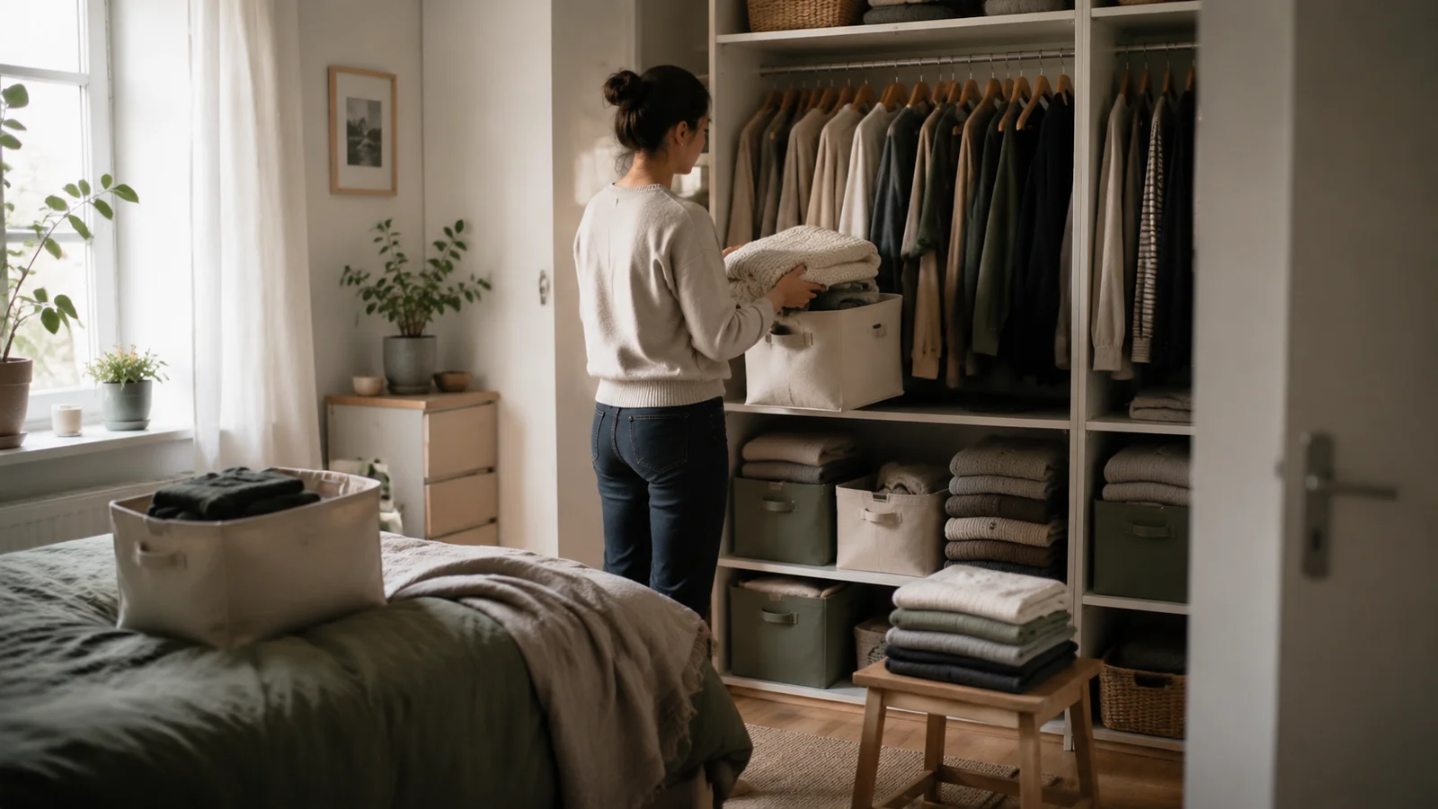 Kleine Wohnung mit saisonal organisiertem Kleiderschrank und Aufbewahrungsboxen