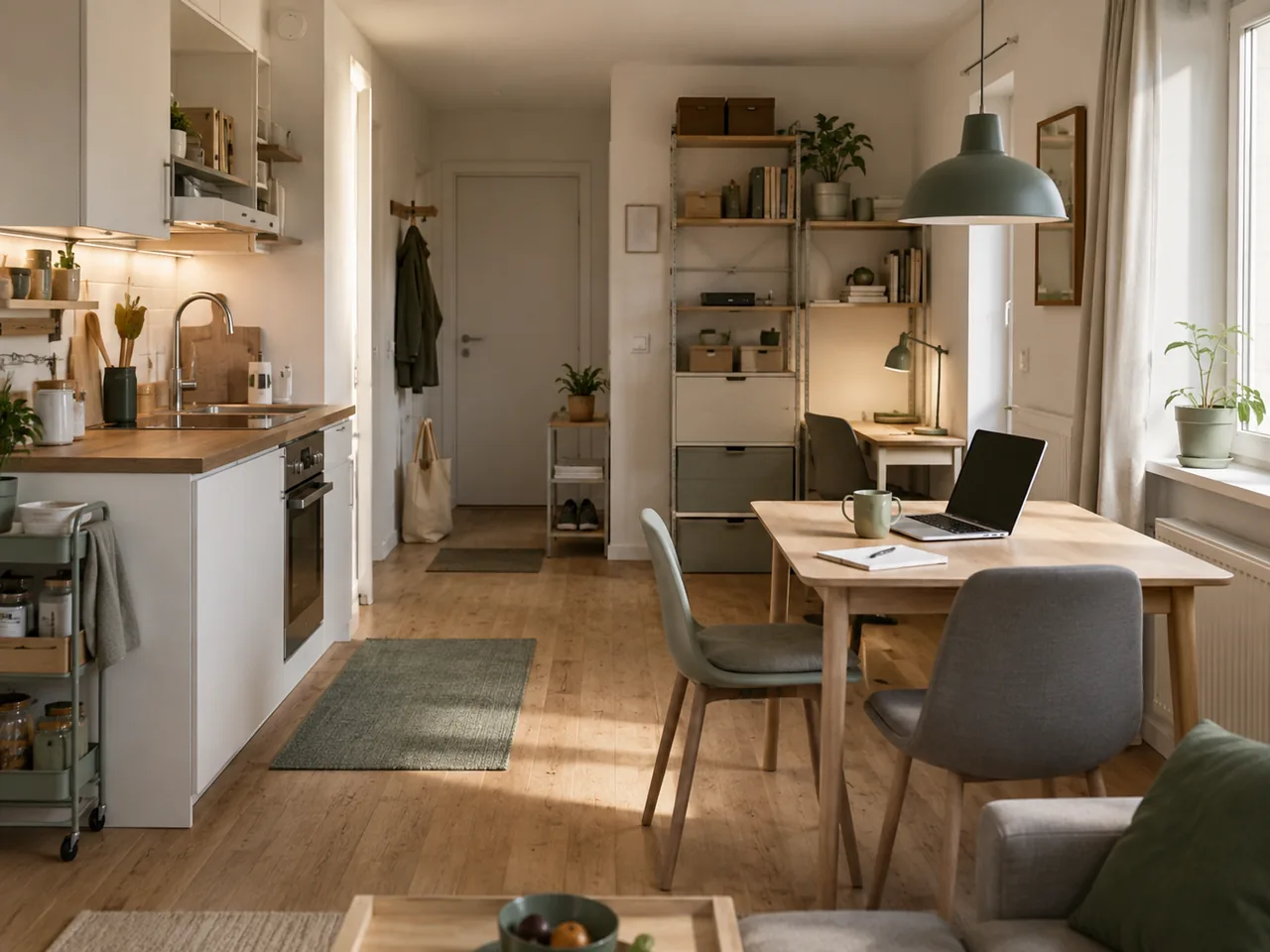 Gut organisierter Wohnraum mit kleiner Küche, Essplatz und Homeoffice-Ecke